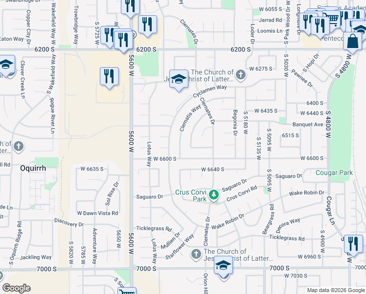 map of restaurants, bars, coffee shops, grocery stores, and more near 6557 South 5420 West in West Jordan
