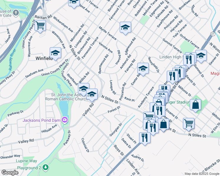 map of restaurants, bars, coffee shops, grocery stores, and more near 1601 Lenape Road in Linden
