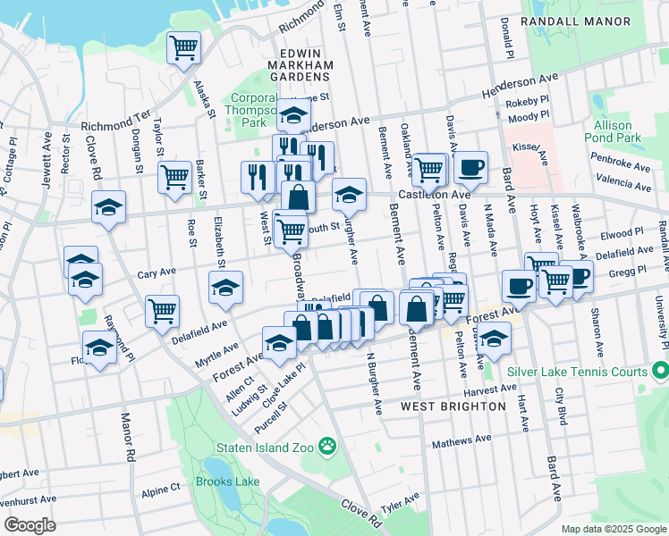 map of restaurants, bars, coffee shops, grocery stores, and more near 27 Seneca Street in Staten Island