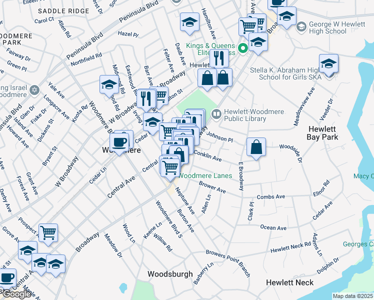 map of restaurants, bars, coffee shops, grocery stores, and more near 1058 Broadway in Woodmere