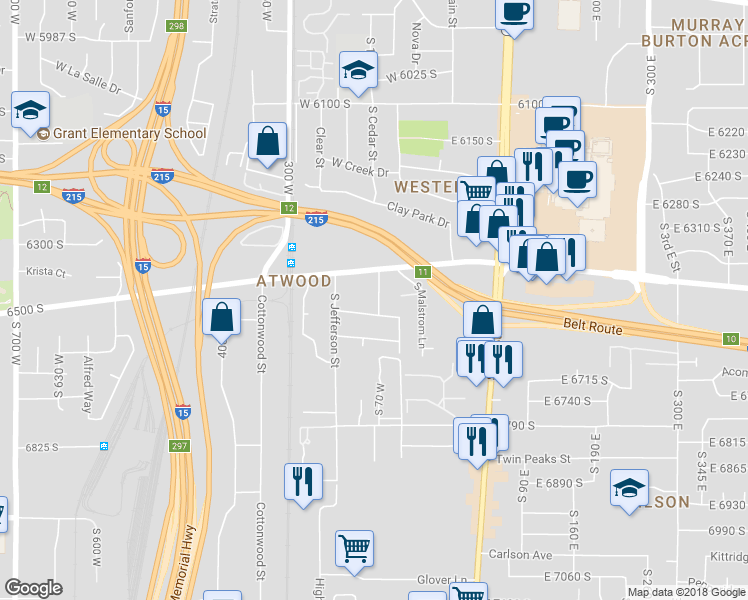 map of restaurants, bars, coffee shops, grocery stores, and more near 6460 South Blaine Drive in Murray