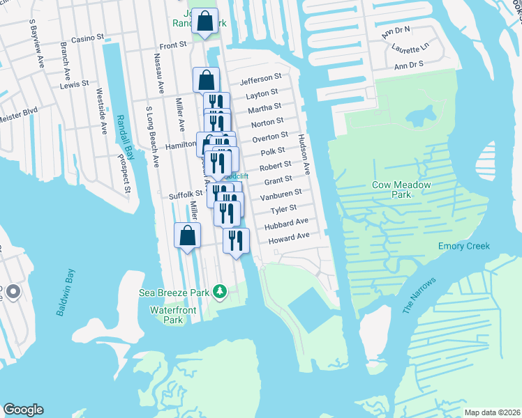 map of restaurants, bars, coffee shops, grocery stores, and more near 14 Tyler Street in Freeport