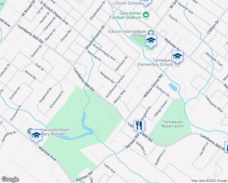 map of restaurants, bars, coffee shops, grocery stores, and more near 853 Knollwood Terrace in Westfield