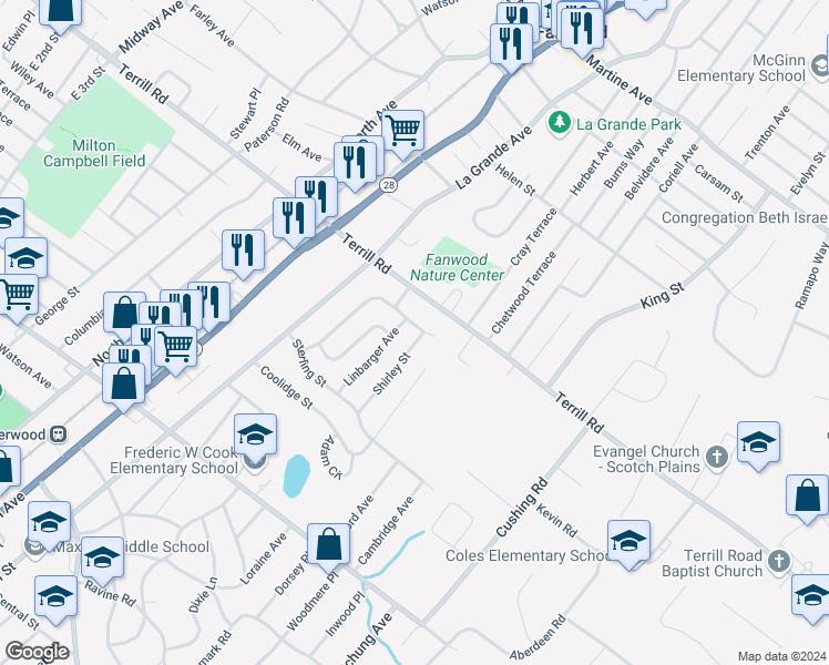 map of restaurants, bars, coffee shops, grocery stores, and more near 1471 Shirley Street in Plainfield