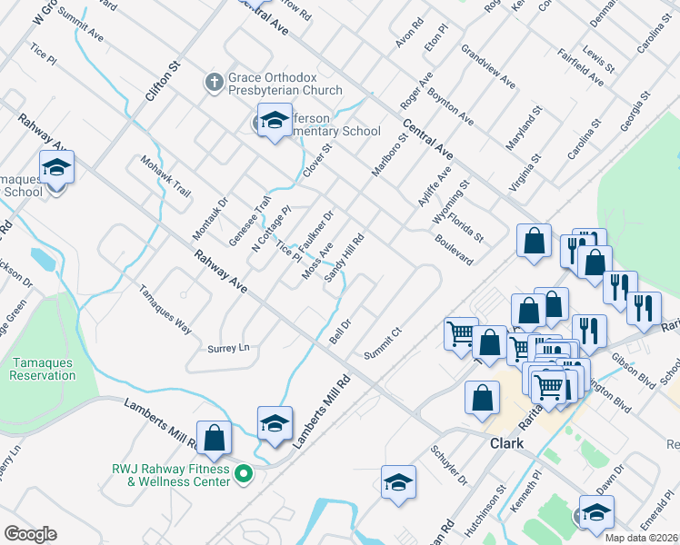 map of restaurants, bars, coffee shops, grocery stores, and more near 57 Sandy Hill Road in Westfield
