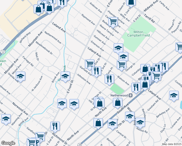 map of restaurants, bars, coffee shops, grocery stores, and more near 1000 East 2nd Street in Plainfield