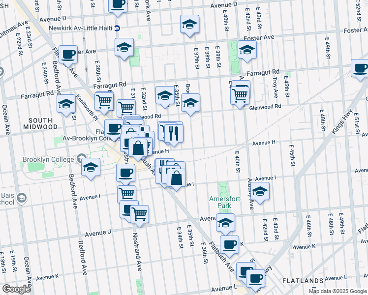 map of restaurants, bars, coffee shops, grocery stores, and more near 3501 Avenue H in Brooklyn