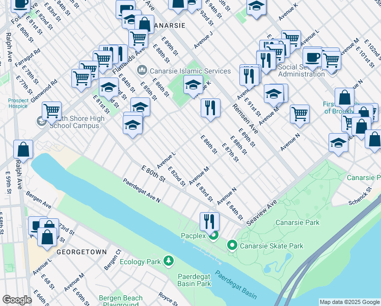 map of restaurants, bars, coffee shops, grocery stores, and more near 1244 East 85th Street in Brooklyn