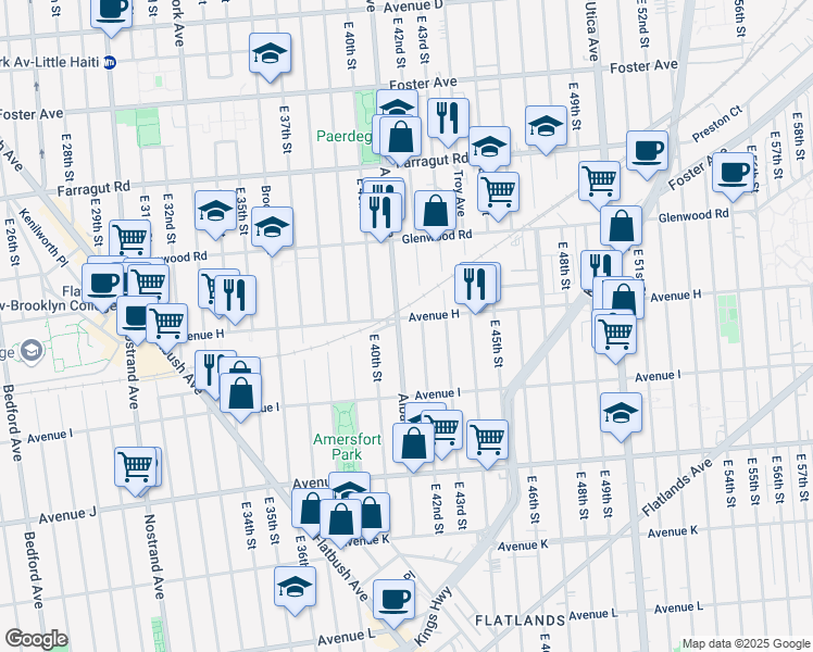 map of restaurants, bars, coffee shops, grocery stores, and more near 4102 Avenue H in Brooklyn