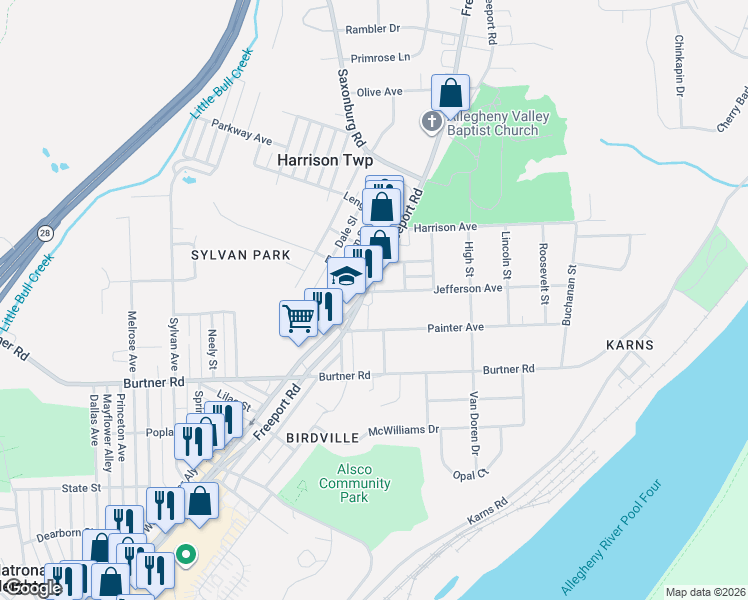 map of restaurants, bars, coffee shops, grocery stores, and more near 923 Jefferson Avenue in Natrona Heights