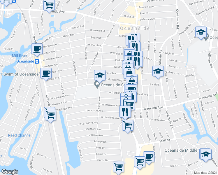 map of restaurants, bars, coffee shops, grocery stores, and more near 85 Moore Avenue in Oceanside