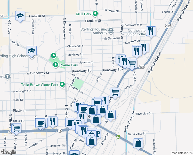 map of restaurants, bars, coffee shops, grocery stores, and more near 423 Pine Street in Sterling