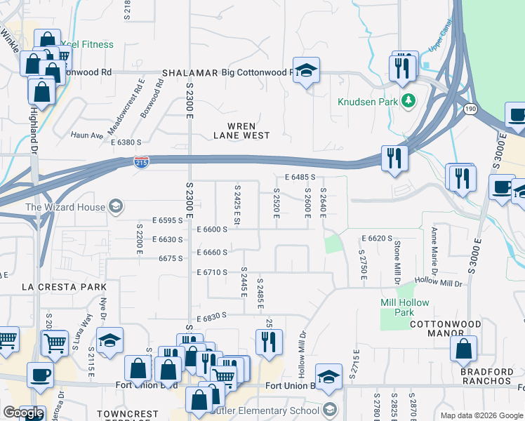 map of restaurants, bars, coffee shops, grocery stores, and more near 6563 South 2475 East in Cottonwood Heights
