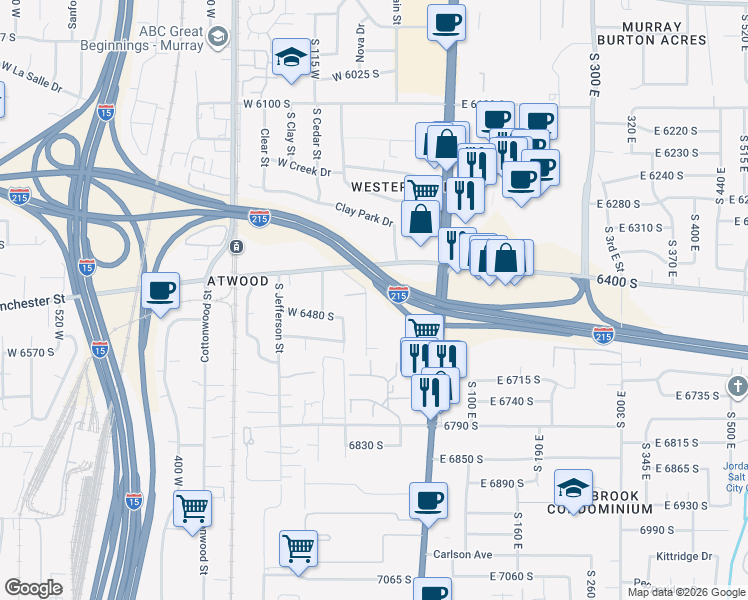 map of restaurants, bars, coffee shops, grocery stores, and more near 6375 South Malstrom Lane in Murray