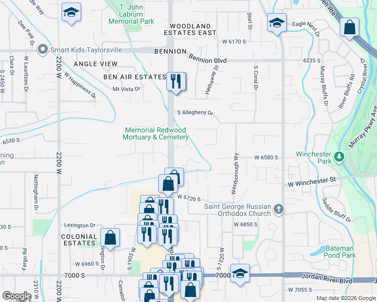 map of restaurants, bars, coffee shops, grocery stores, and more near 6573 South Redwood Road in Taylorsville