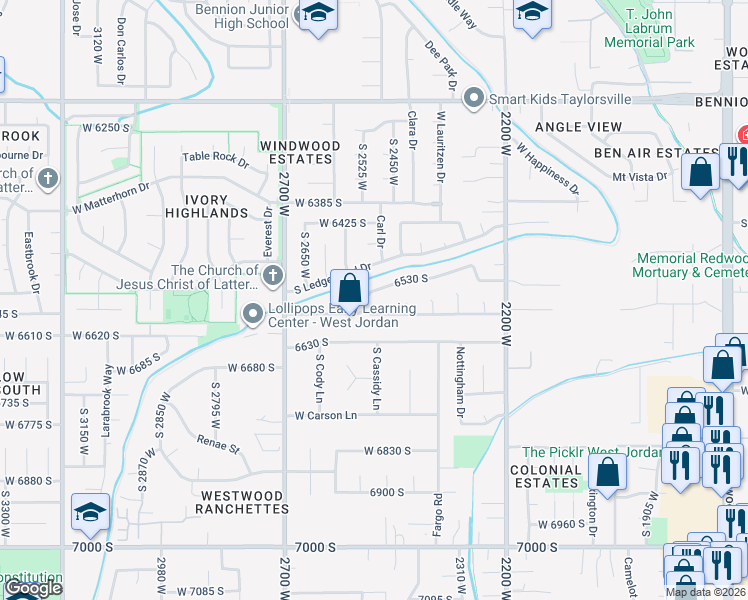 map of restaurants, bars, coffee shops, grocery stores, and more near 2507 Tierra Rose Drive in West Jordan