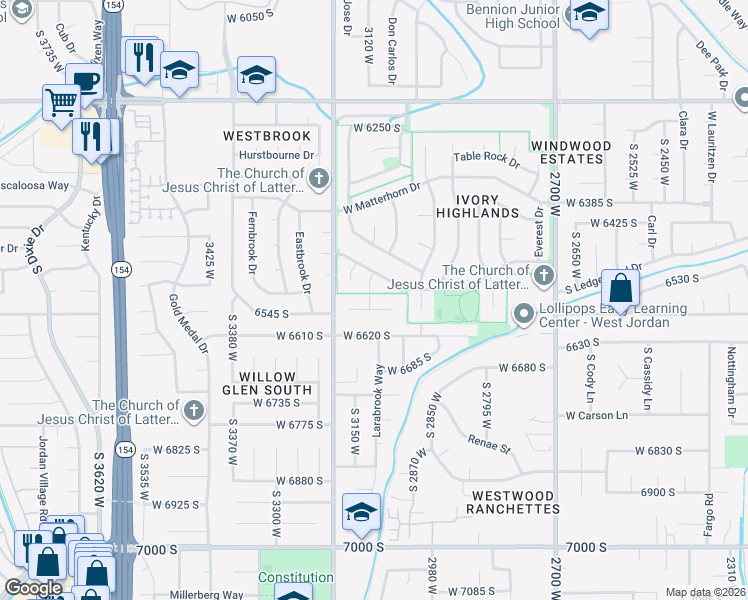 map of restaurants, bars, coffee shops, grocery stores, and more near 3143 Teton View Court in Taylorsville