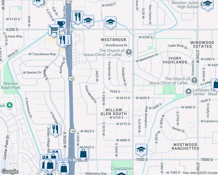 map of restaurants, bars, coffee shops, grocery stores, and more near 3344 Westbrook Drive South in Taylorsville