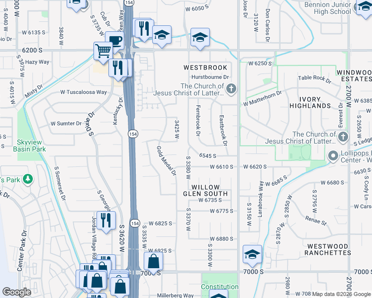map of restaurants, bars, coffee shops, grocery stores, and more near 6562 Westbrook Drive West in West Jordan