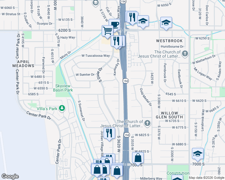 map of restaurants, bars, coffee shops, grocery stores, and more near 3645 Kentucky Circle in West Jordan