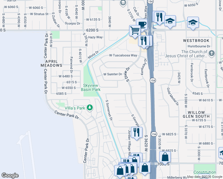 map of restaurants, bars, coffee shops, grocery stores, and more near 3839 Owensboro Drive in West Jordan