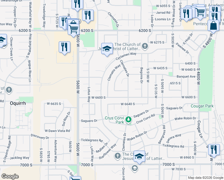 map of restaurants, bars, coffee shops, grocery stores, and more near 6557 South 5420 West in West Jordan