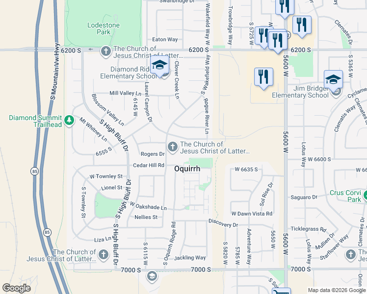map of restaurants, bars, coffee shops, grocery stores, and more near 5970 River Rock Place in West Valley City