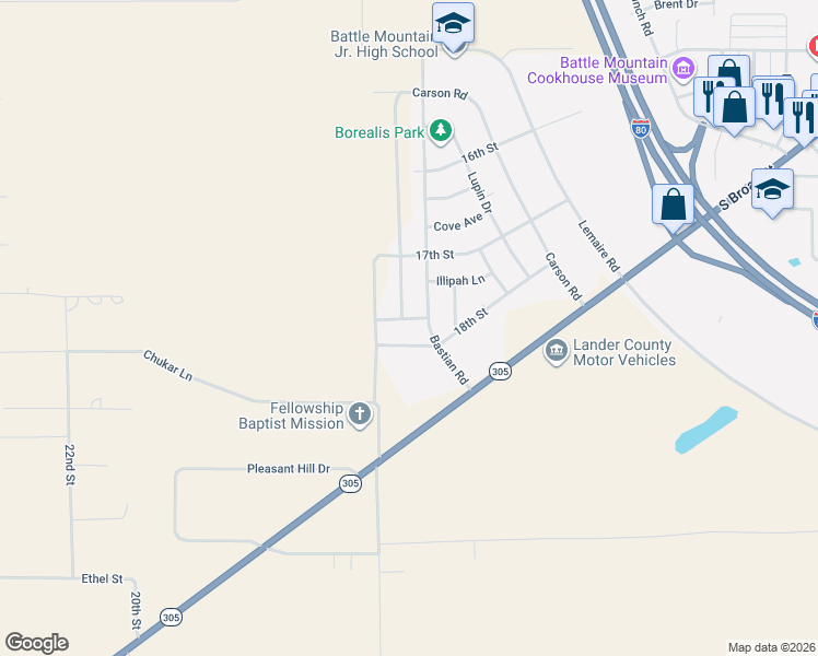 map of restaurants, bars, coffee shops, grocery stores, and more near 203 18th Street in Battle Mountain
