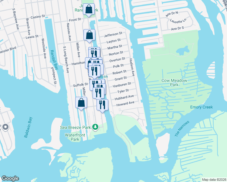map of restaurants, bars, coffee shops, grocery stores, and more near 14 Tyler Street in Freeport