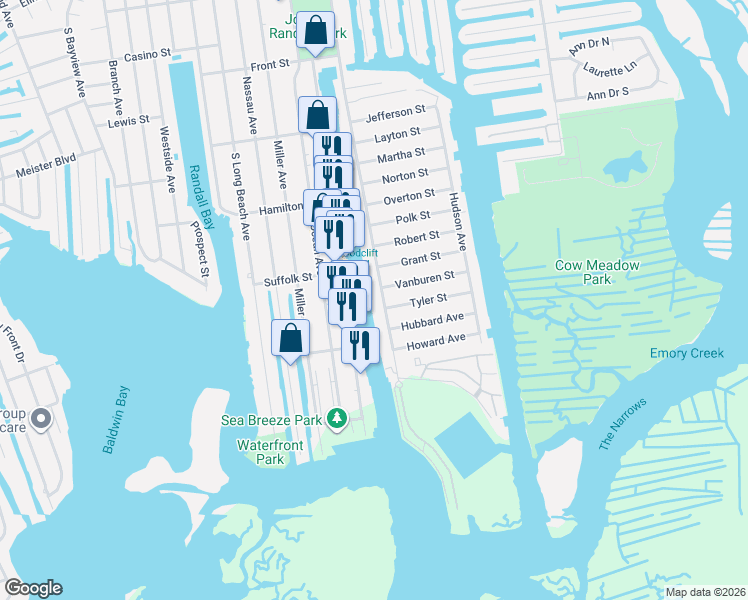 map of restaurants, bars, coffee shops, grocery stores, and more near 301 Woodcleft Avenue in Freeport