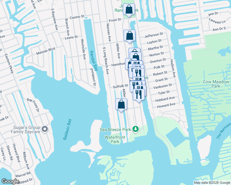 map of restaurants, bars, coffee shops, grocery stores, and more near 799 South Long Beach Avenue in Freeport