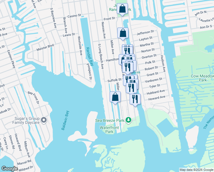 map of restaurants, bars, coffee shops, grocery stores, and more near 799 South Long Beach Avenue in Freeport