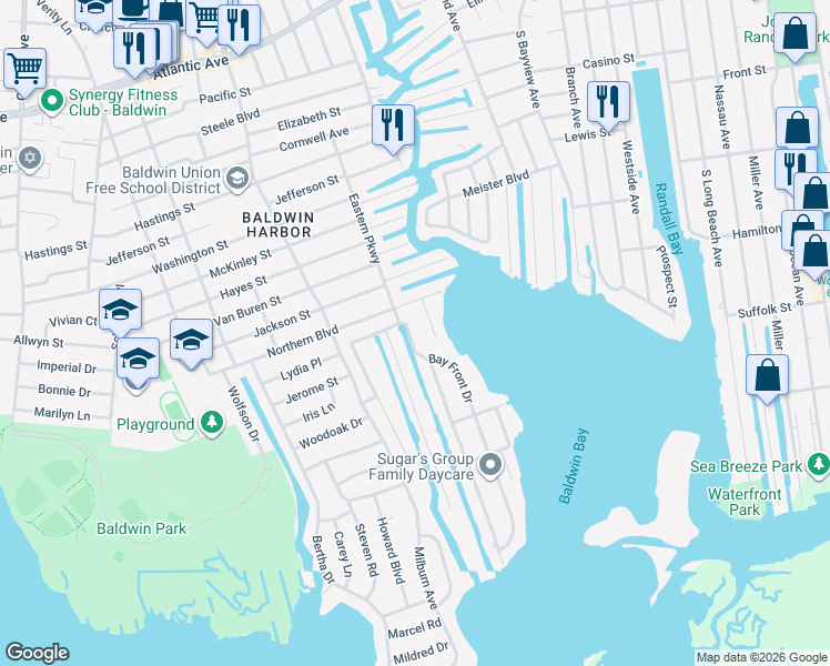 map of restaurants, bars, coffee shops, grocery stores, and more near 16 Bay Front Drive in Baldwin