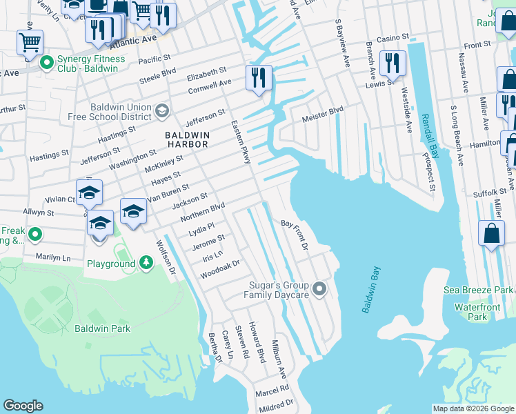 map of restaurants, bars, coffee shops, grocery stores, and more near 3254 Parkway Drive in Baldwin