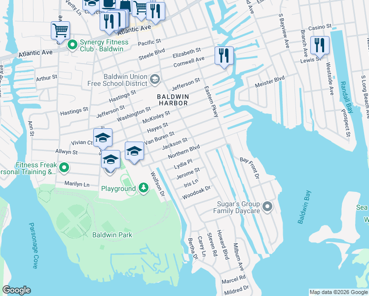 map of restaurants, bars, coffee shops, grocery stores, and more near 987 Northern Boulevard in Baldwin
