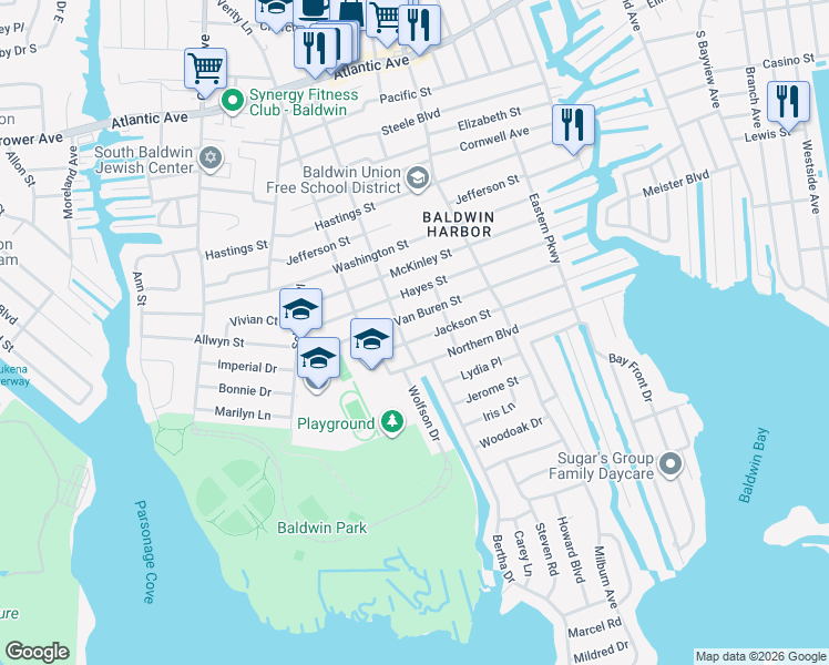 map of restaurants, bars, coffee shops, grocery stores, and more near 3201 Grand Boulevard in Baldwin