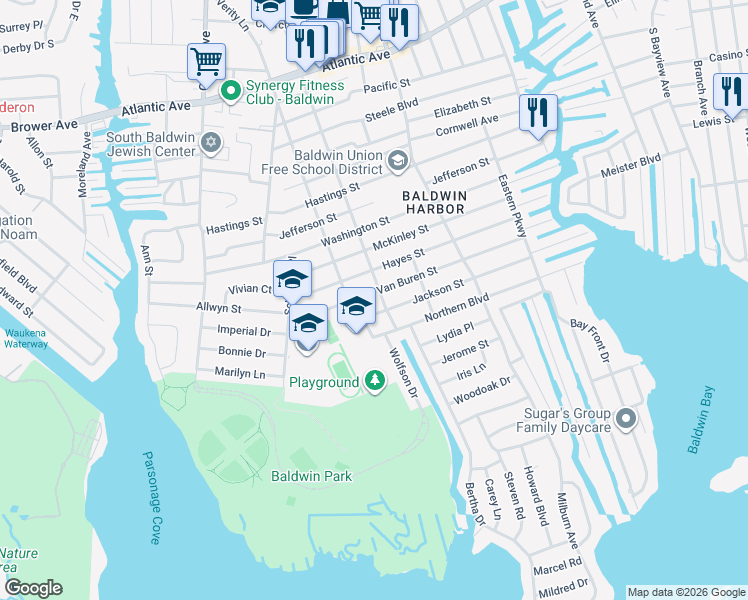 map of restaurants, bars, coffee shops, grocery stores, and more near 3201 Grand Boulevard in Baldwin