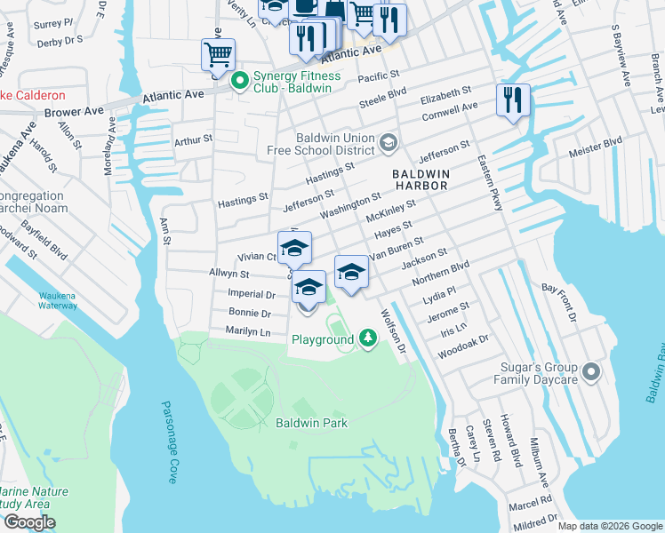 map of restaurants, bars, coffee shops, grocery stores, and more near 843 Van Buren Street in Baldwin