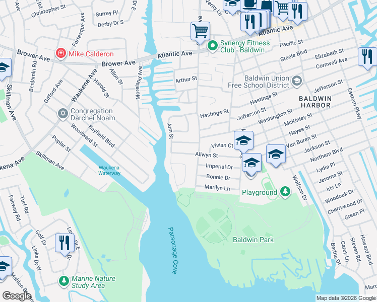 map of restaurants, bars, coffee shops, grocery stores, and more near 695 Allwyn Street in Baldwin