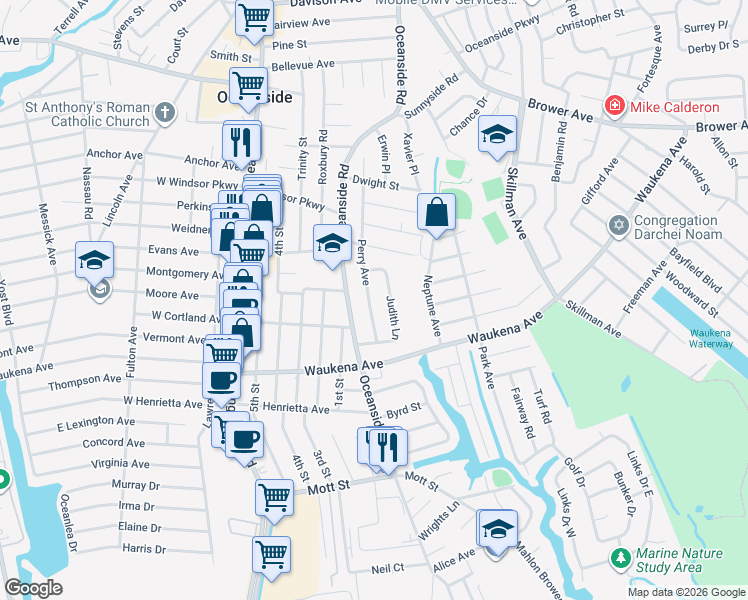map of restaurants, bars, coffee shops, grocery stores, and more near 3253 Perry Avenue in Oceanside