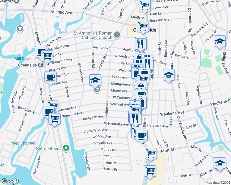 map of restaurants, bars, coffee shops, grocery stores, and more near 85 Moore Avenue in Oceanside