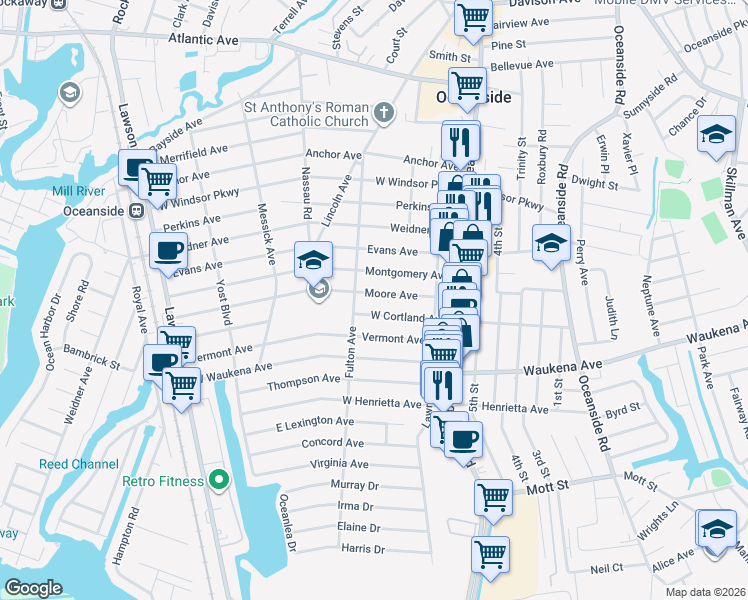 map of restaurants, bars, coffee shops, grocery stores, and more near 85 Moore Avenue in Oceanside