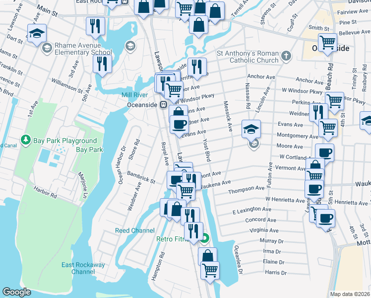 map of restaurants, bars, coffee shops, grocery stores, and more near 3249 Lawson Boulevard in Oceanside