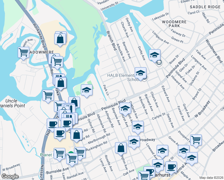 map of restaurants, bars, coffee shops, grocery stores, and more near 31 Park Circle in Cedarhurst