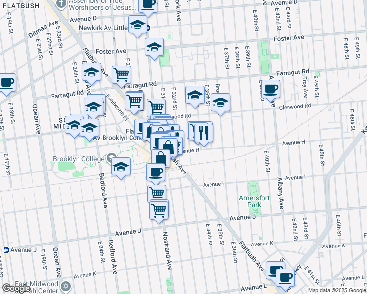 map of restaurants, bars, coffee shops, grocery stores, and more near 793 East 32nd Street in Brooklyn