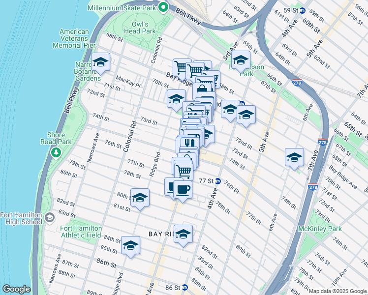 map of restaurants, bars, coffee shops, grocery stores, and more near 7424 3rd Avenue in Brooklyn