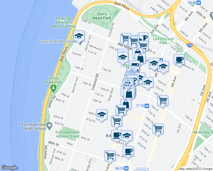 map of restaurants, bars, coffee shops, grocery stores, and more near 7502 Ridge Boulevard in Brooklyn