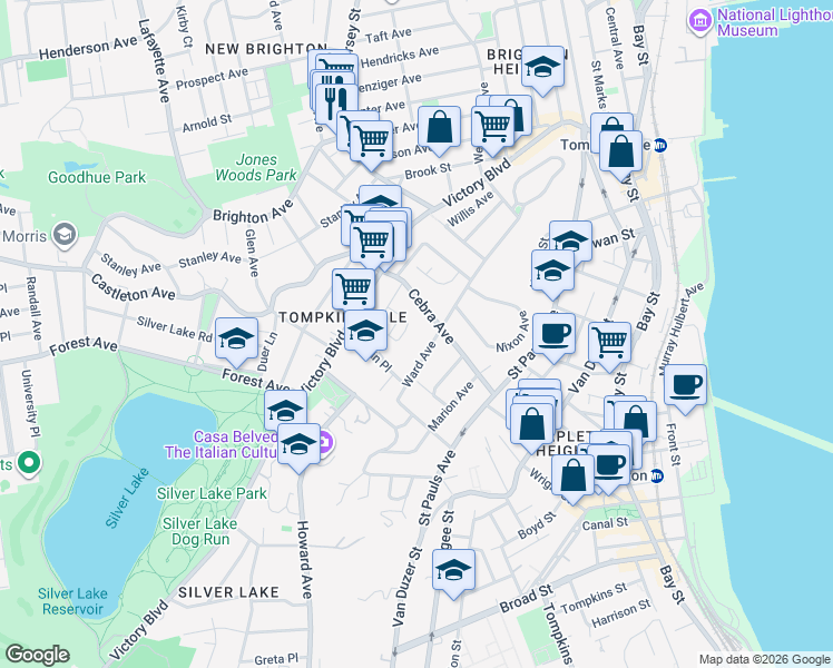 map of restaurants, bars, coffee shops, grocery stores, and more near 72B Clark Lane in Staten Island