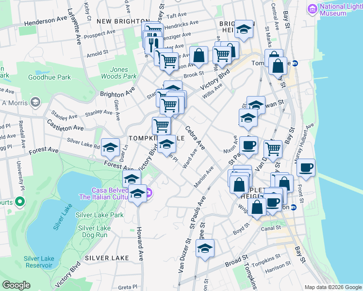 map of restaurants, bars, coffee shops, grocery stores, and more near 72B Clark Lane in Staten Island