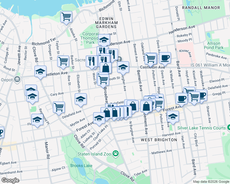 map of restaurants, bars, coffee shops, grocery stores, and more near 27 Seneca Street in Staten Island